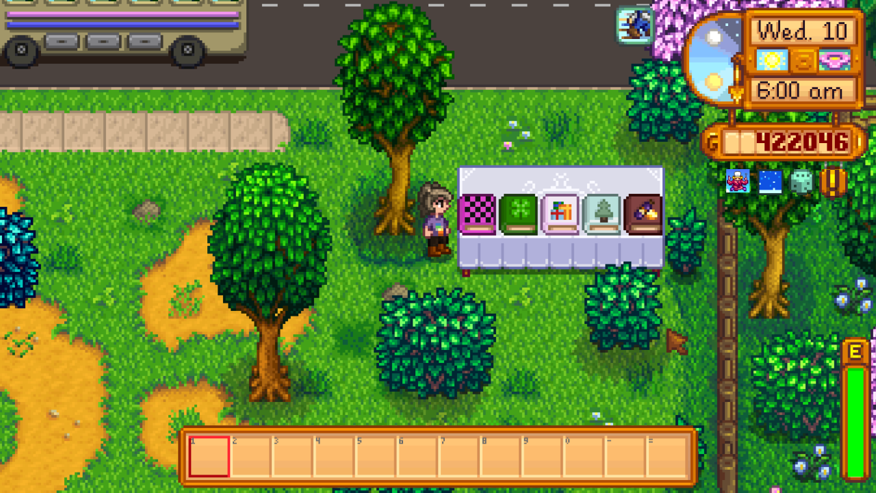 A Stardew Valley farmer standing in front of a table with some book objects placed on top of it.