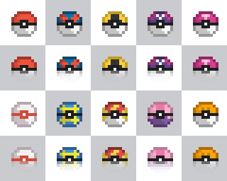 A spritesheet containing 10 Pokeball themed fishing bobbers.